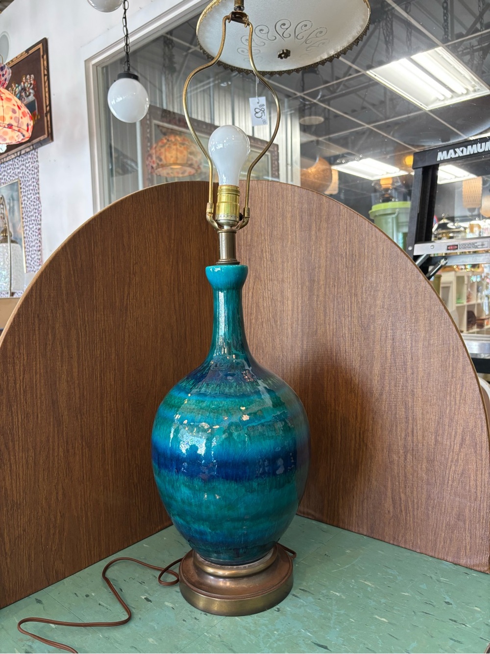 Tall vintage glazed pottery lamp blue teal turquoise mid century